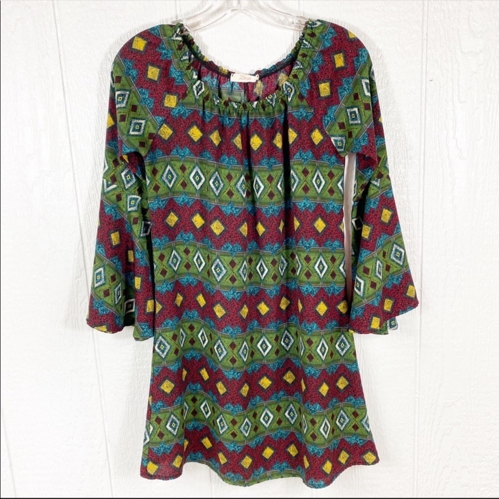 Diosa Diamond Pattern Aztec Print Green Striped Long Sleeve Shift Dress
